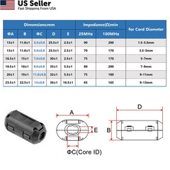 uxcell 3.5-5mm Ferrite Cores Ring Clip-On RFI EMI Noise 3.5-5mm, Black