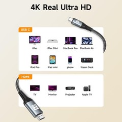 USB C to HDMI Cable 6Ft, 4K High-Speed USB 3.1 -C to HDMI Cord