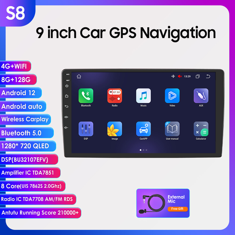 8+128GB 8Core 9″ Android 12 CarPlay Radio Stereo GPS Navi Player WiFi DSP BT 5.0