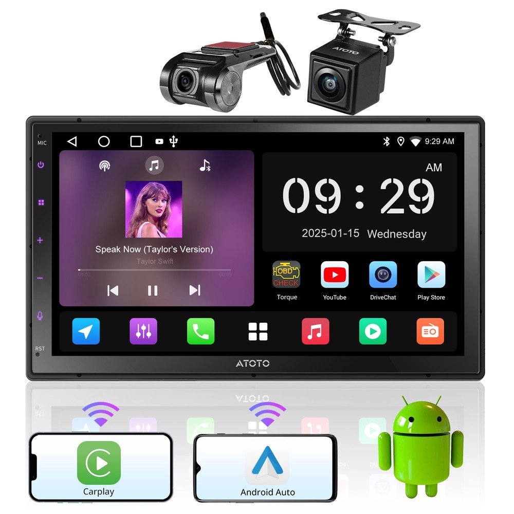 ATOTO 7″ Double Din Android Car Stereo Bluetooth Wireless CarPlay w/ Dual Camera