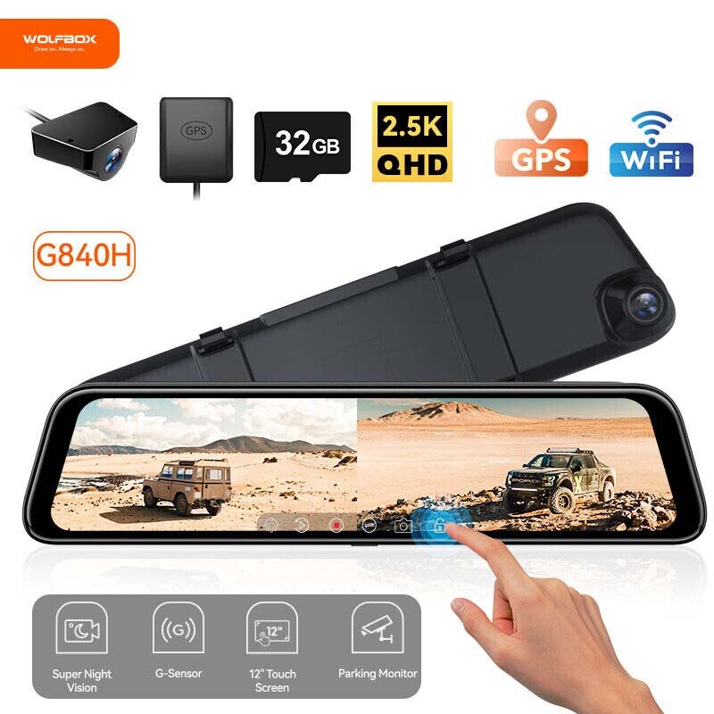 WOLFBOX 12″ Mirror Dual Dash Camera Front & Rear Dash Cam With WiFi&GPS for Cars