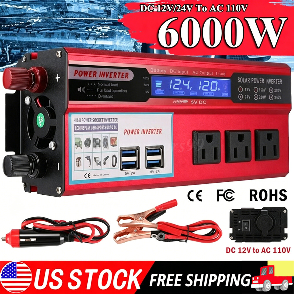 Pure Sine Wave Solar Converter 6000W Car Power Inverter DC 12V To AC 110V 4 USB