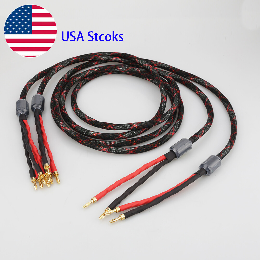 Pair 12AWG OFC Pure Copper HIFI Audio Bi-wire Speaker Cable 2 to 4 Banana Plug