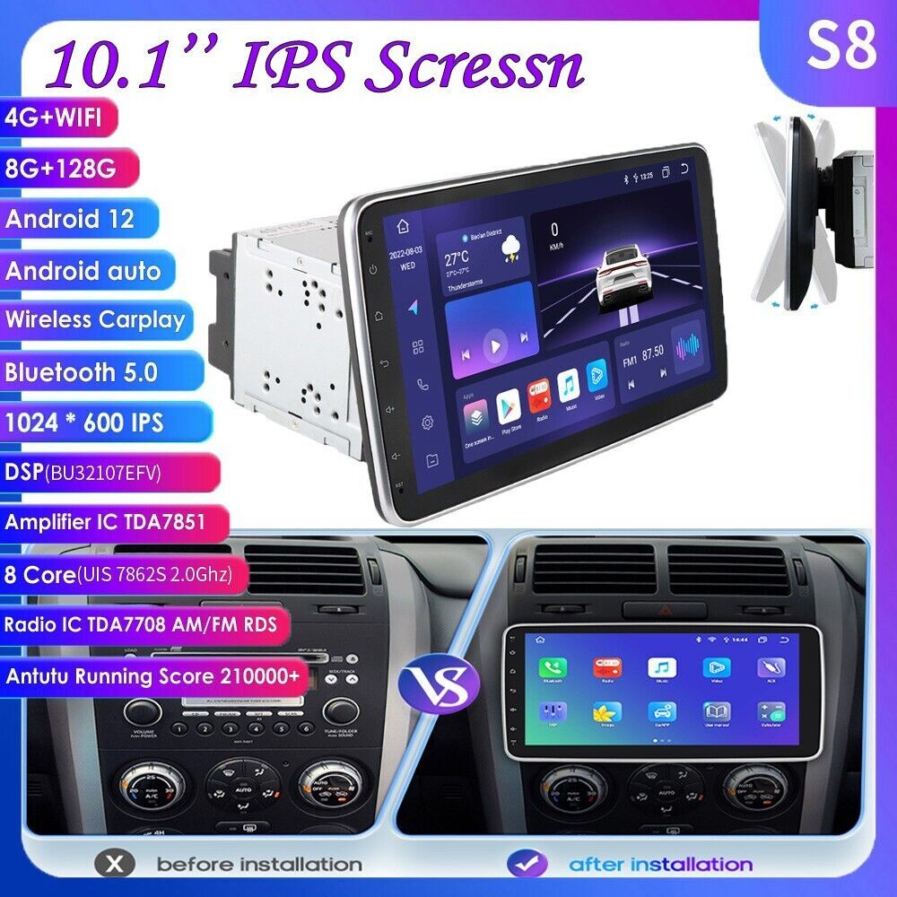10.1” Android 12 8+128GB Rotatable Carplay Stereo Radio GPS Wifi Double 2 DIN