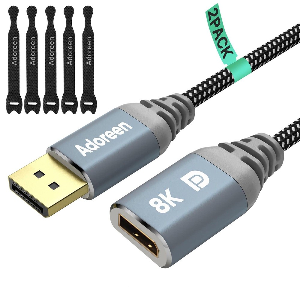 8K DisplayPort Extension Cable 1 ft 2-Pack Braided DP 1.4 Male to Female