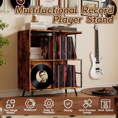 Record Player Stand Vinyl Storage Cabinet For Albums Speakers Rustic Wood