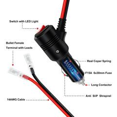 12-24V Fused LED Car Cigarette Lighter Plug Socket Cable Adapter w/ Switch Lot
