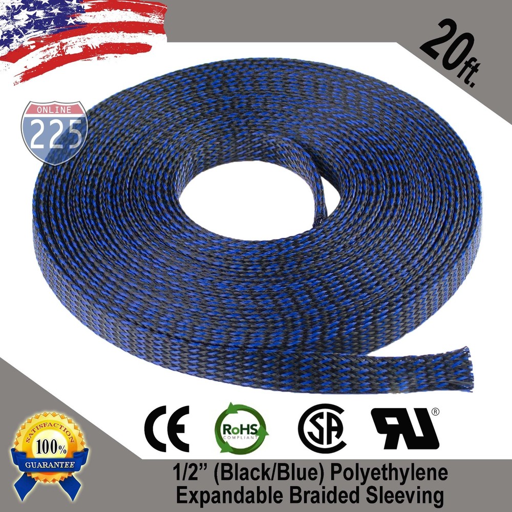 20 FT 1/2″ Black Blue Expandable Wire Sleeving Sheathing Braided Loom Tubing US