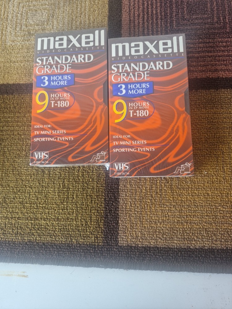 2 Ct Lot Maxell Standard Grade T-180 9 Hours Blank VHS Tape – New Sealed Plus 1