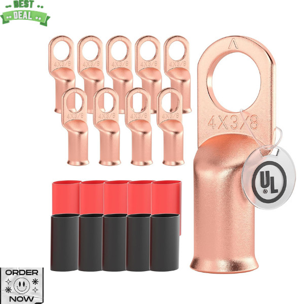 AIRIC 10 PCS 4 AWG – 3/8″ Battery Cable Lugs Copper Wire 4AWG-10pcs, 4