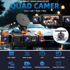 360° 4 Channel 1080P HD Car Dash Cam Front and Rear Inside Left Right + Camera
