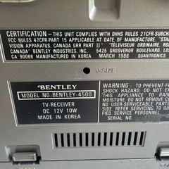 Bentley Model 4500 Portable Black and White 4.5 Inch Television w/ Power Supply