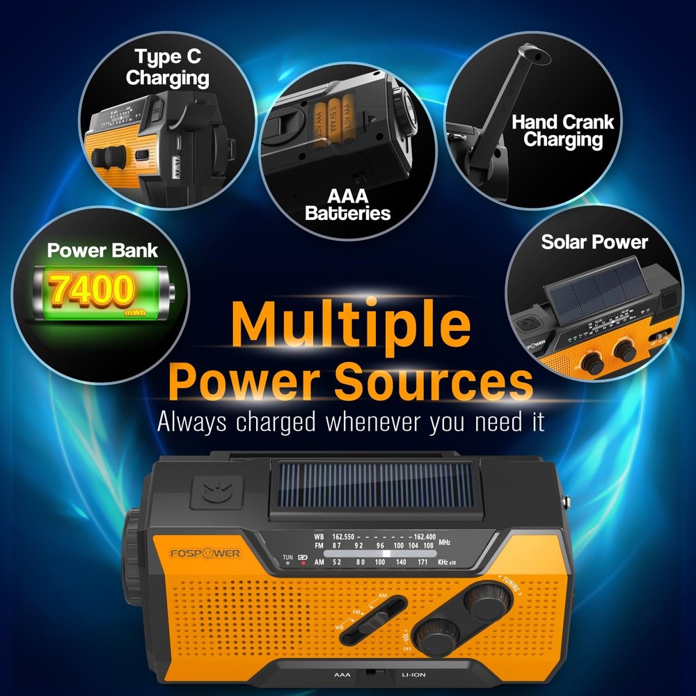 FosPower NOAA Emergency Weather Radio A1 7400mWh Portable Power Bank, AM/FM, USB