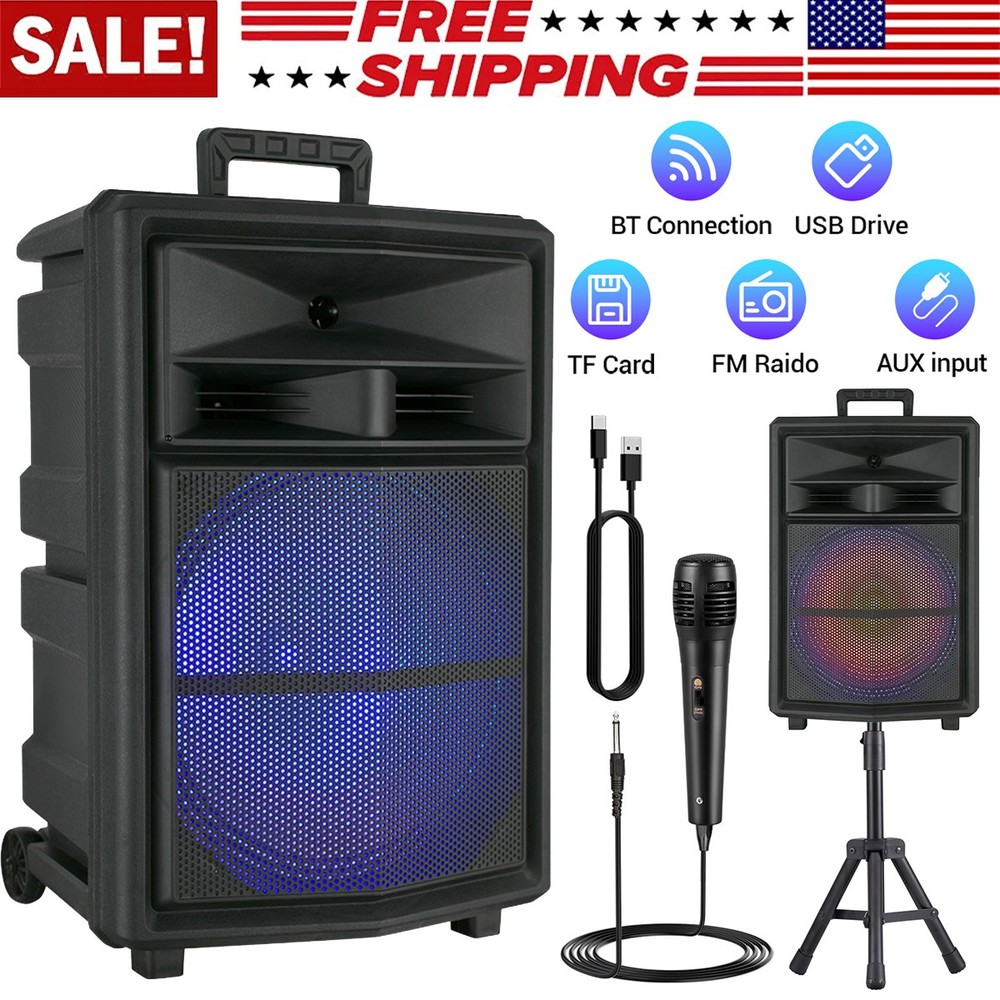 15″ Portable Party Wireless Speaker 10000W Super Bass / Lights USB TF AUX FM TWS