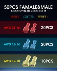 50 Pcs Electrical Male& Female Spade Connectors, 22-16 16-14 12-10 AWG Gauge Wir