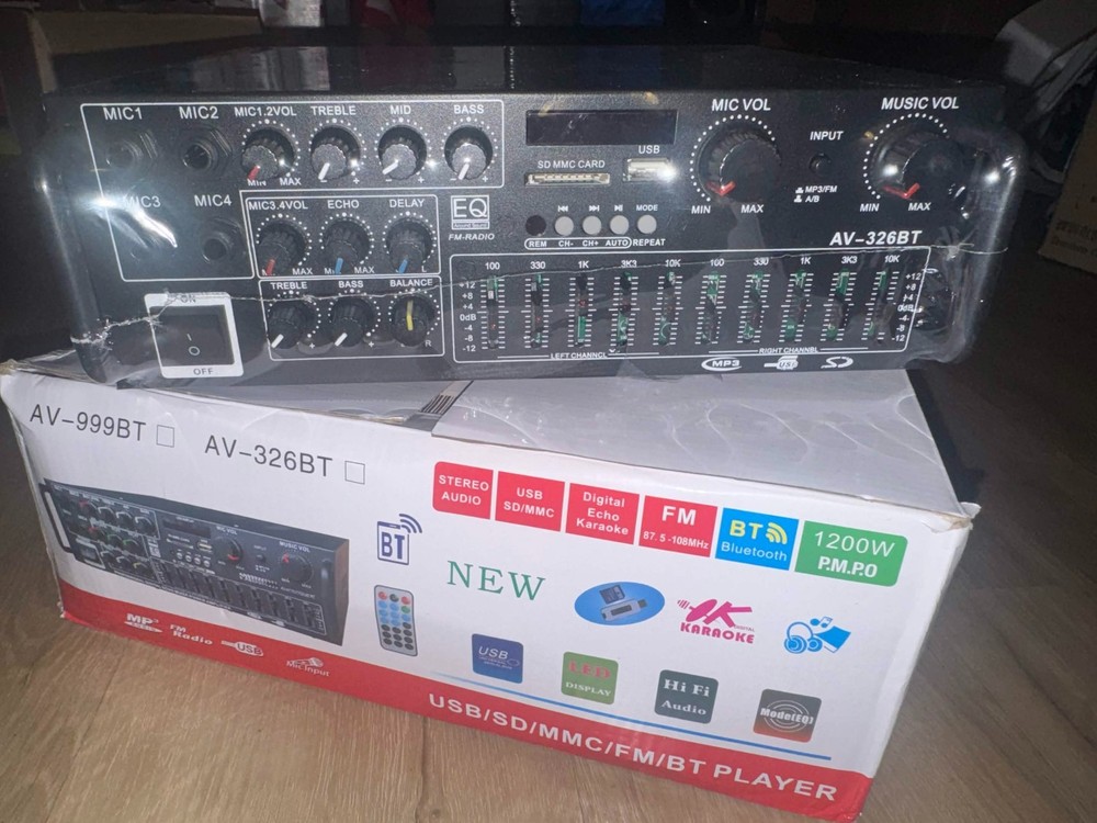 AV-326BT 1200W Bluetooth Stereo Power Amplifier 220V DC 12V EQ NEW