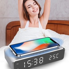 LED Electric Alarm Clock With Wireless Charger Desktop Digital Despertador Therm
