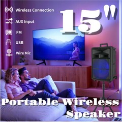 15″ Portable Party Wireless Speaker 10000W Super Bass / Lights USB TF AUX FM TWS