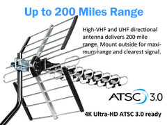 HDTV Antenna VHF/UHF 4K 200 Miles Range Four TVs & 40ft Cable & Mounting Kit