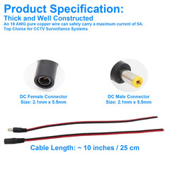 (Real 18AWG) 1 Pairs 12V 5A DC Power Pigtail Barrel Plug Connector Cable, 2.1Mm