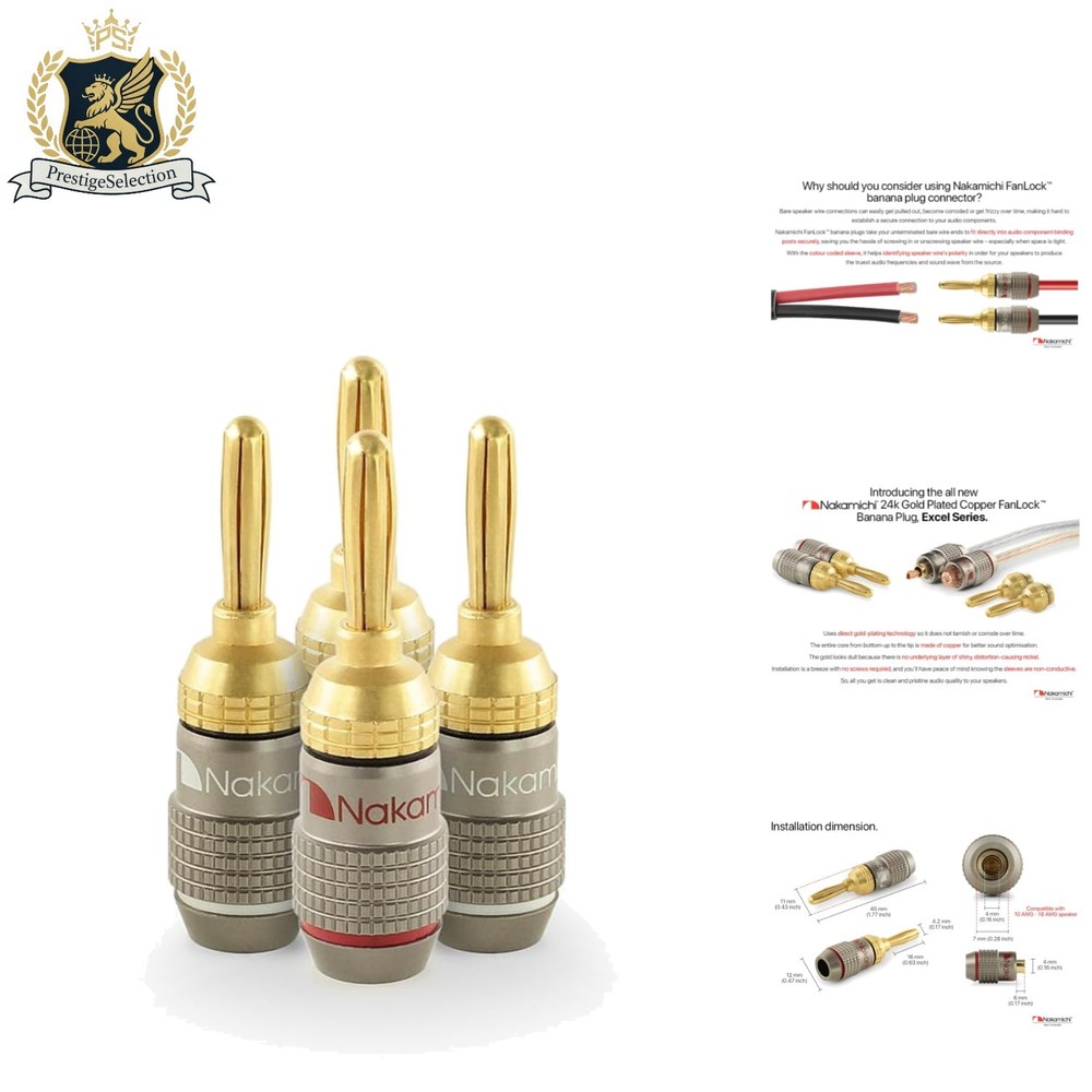 High-Fidelity 24k Gold Banana Plugs with Color-Coded Sleeves – 4 Pack, 10-18 AWG
