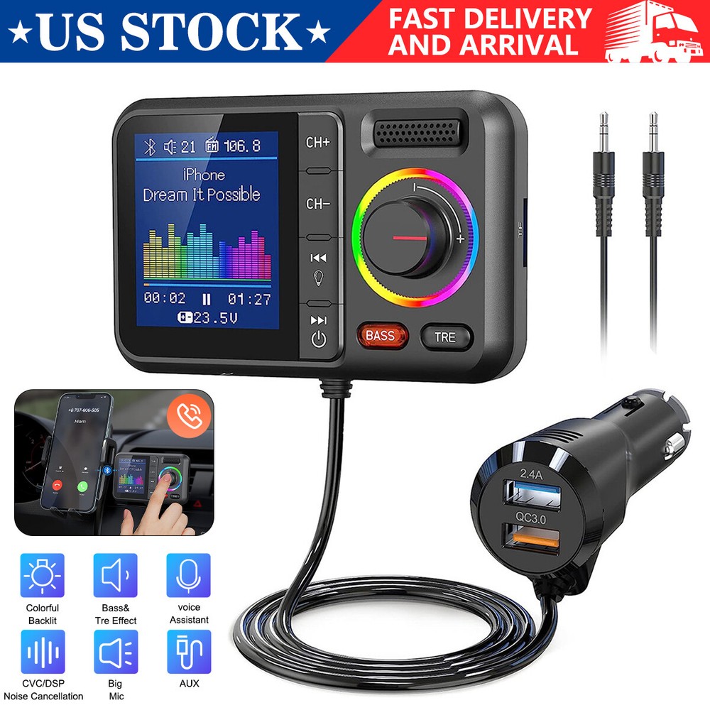 Bluetooth 5.0 Car Wireless FM Transmitter Adapter 2USB PD Charger AUX Hands-Free