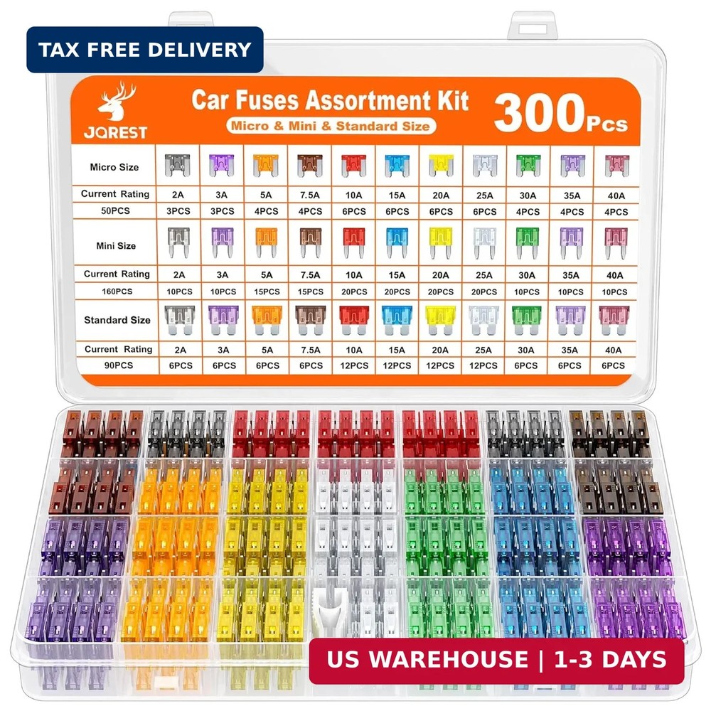 JOREST 300Pcs Car Fuse Assortment Kit, 160 Mini Blade Fuses Automotive + 90 Stan