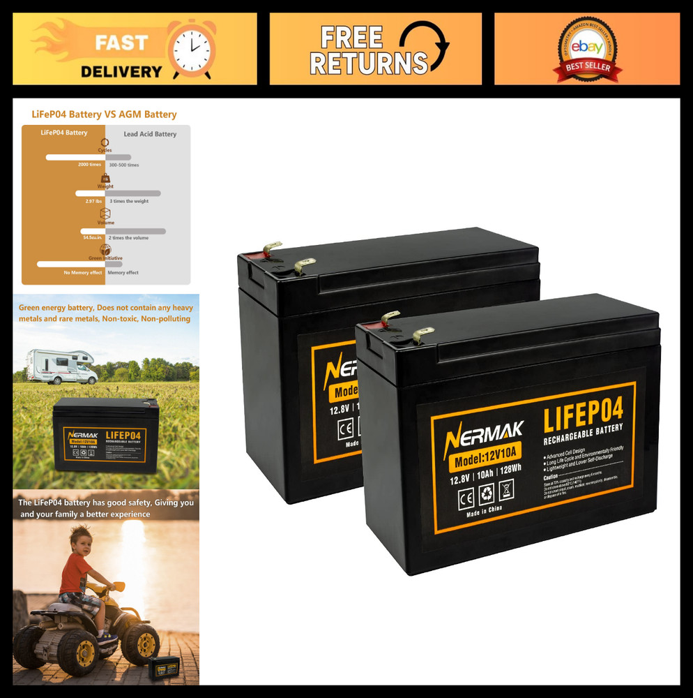 12V 10Ah Lithium Ion LiFePO4 Deep Cycle Battery 2 Pack, 2000+ Cycles, Rechargeab