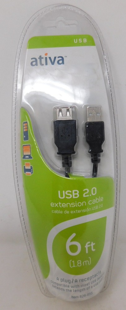 Ativa 828-655 USB 2.0 Extension Cable 6′ Black New In Box A Plug A receptacle