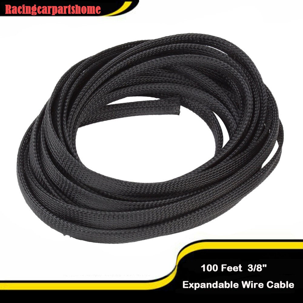 100 FT 3/8″ Expandable Wire Cable Sleeving Sheathing Braided Loom Tubing Black