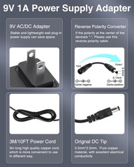 9V AC Adapter 9Volt 1Amp DC Power Supply 100-240V 50/60Hz to DC 9V Power Cord
