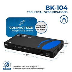 OREI 1×4 HDMI Splitter W/ Audio Out: 1-In 4-Out, UltraHD 8K, EDID (BK-104)