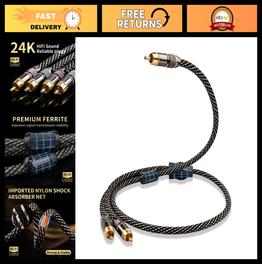 High-Quality RCA Audio Splitter Cable 1 Male to 2 Male, 15 AWG, Gold-Plated, 6.5