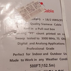 RG59/20 AWG + 18/2 AWG Siamese CCTV Security Cable 75 Ohm 500 ft