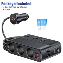 3 Way Car Cigarette Lighter Splitter with USB Fast Charger QC 3.0 & Type-C PD