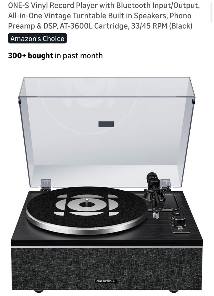 ONE-S Vinyl Record Player with Bluetooth Input/Output, All-in-One Vintage Black