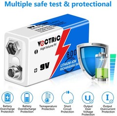 9V Rechargeable Li-ion Batteries 800mAh 9 Volt Lithium-ion 3 Packs with Charger