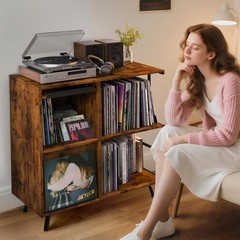 Record Player Stand Vinyl Storage Cabinet For Albums Speakers Rustic Wood