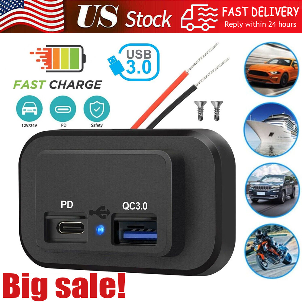 12-24V 4.8A Dual USB PD QC3.0 Car Boat RV Fast Charger Socket LED Power Outlet