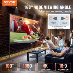 VEVOR Projector Screen with Stand 100 inch 16:9 4K 1080 HD Movie Screen Bar Feet
