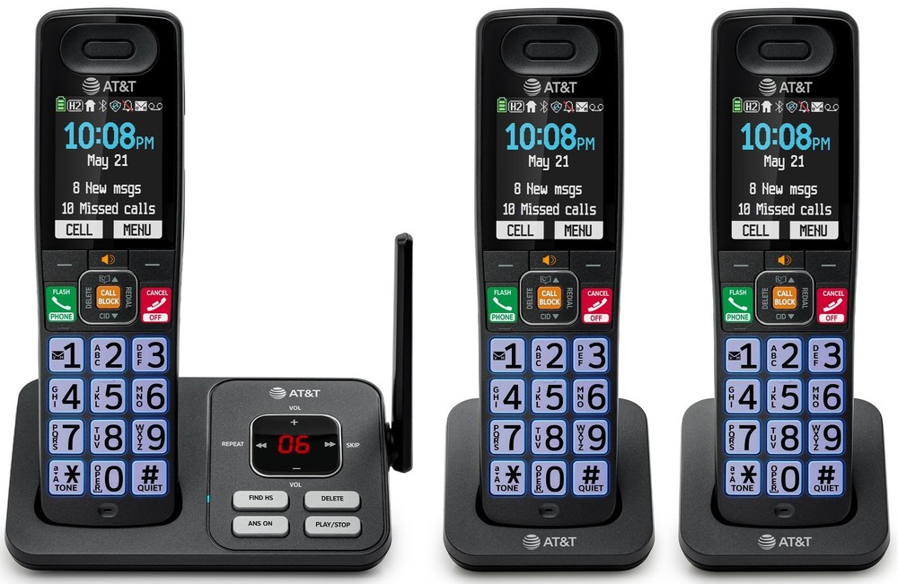 AT&T DECT 6.0 Cordless Phone, 3-Handset – Smart Call 3 Handsets, Black