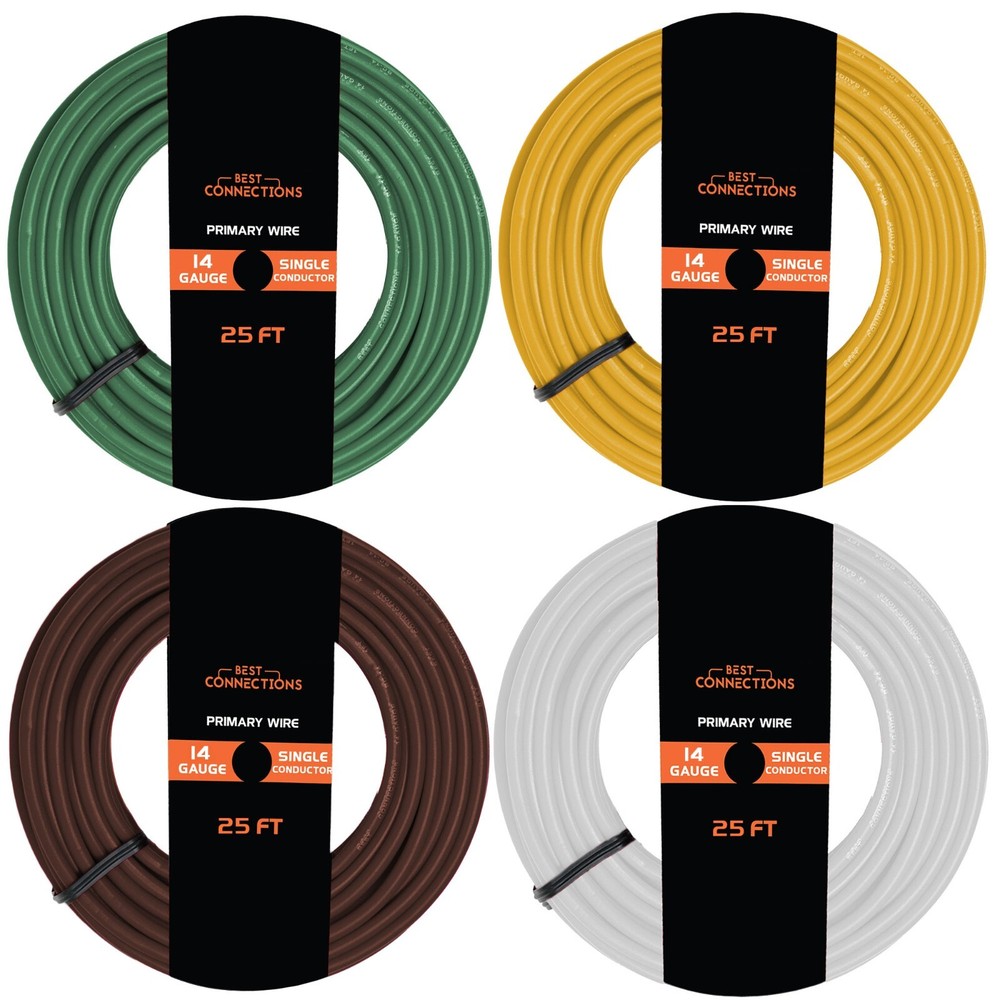 Best Connections 14 Ga Car Audio Primary Wire 25ft–4 Way Cable Remote, Ground