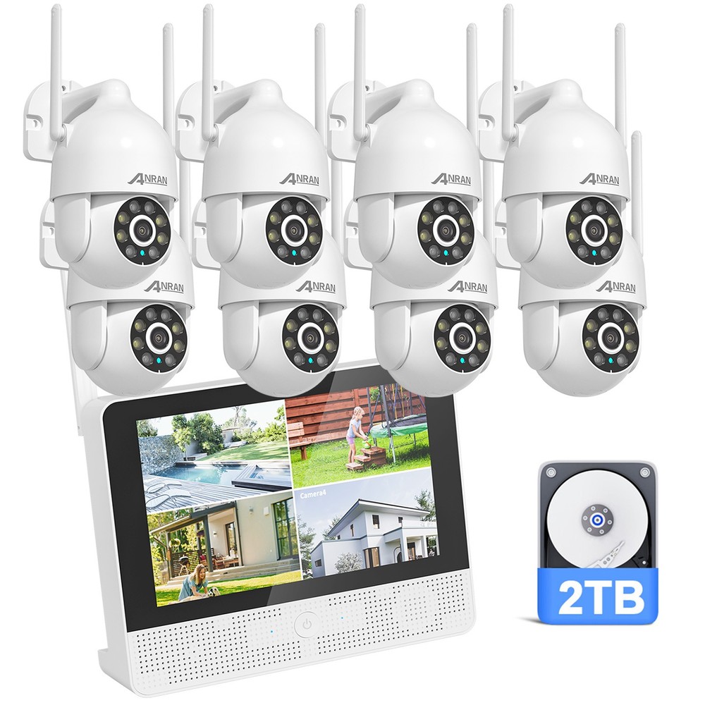 ANRAN 5MP IP Security Camera System CCTV 360° PTZ WiFi 12″ Monitor 2TB 8Cams Kit