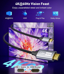 USB-C to HDMI Cable 6Ft [4K@60Hz] High-Speed USB Type C to HDMI 2.0 Braided Cord