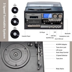 9-in-1 Vintage Bluetooth Record Player for Home Entertainment, 3-Speed Turnta…