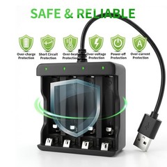 BEVIGOR 4 Bay AA AAA Battery Charger, USB High Speed Independent Slot Black