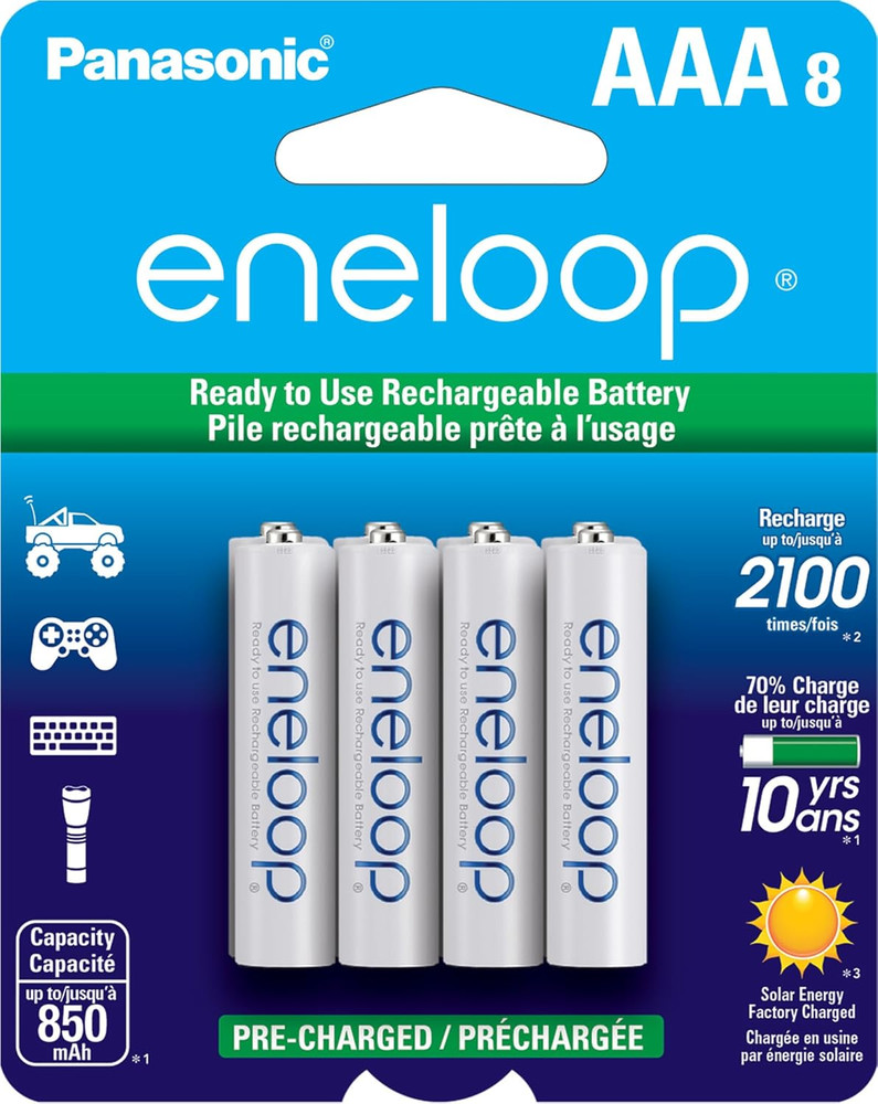 Eneloop AAA Rechargeable Batteries 8 Count Long Lasting 800mAh Pre Charged