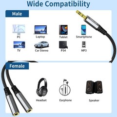 Headphone Splitter, 3.5mm Male to 2 Female Ports, 1ft/0.30m Extension Cable…