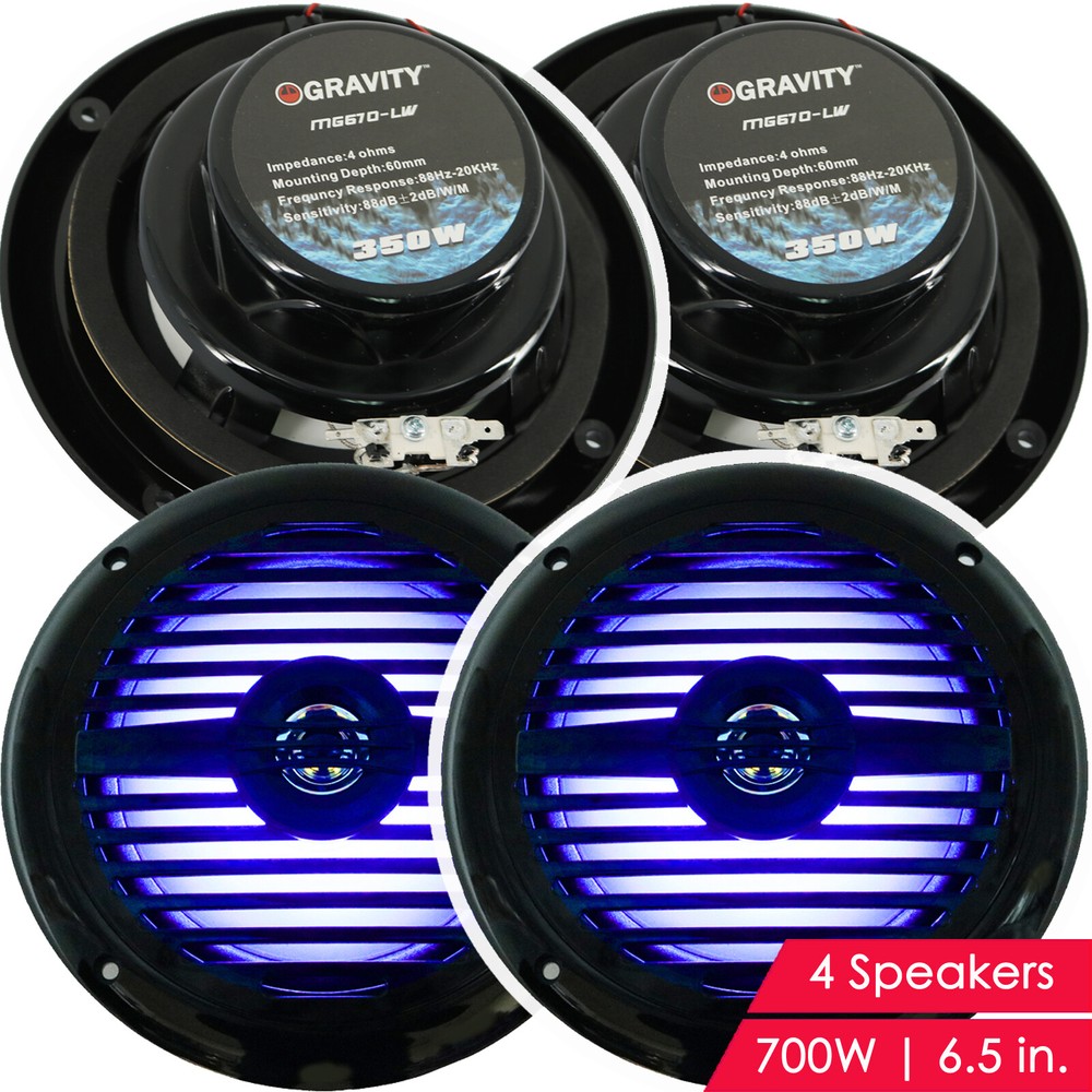 4x Gravity 700 Watts 6-1/2″ 2-Way Marine Boat Audio Speakers 6.5″ BLACK LED