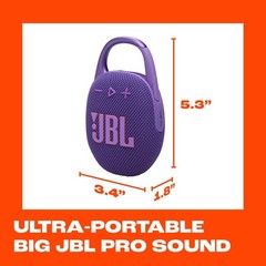 JBL Clip 5 Ultra-Portable Bluetooth Speaker Purple Stereo Waterproof Punchy Bass